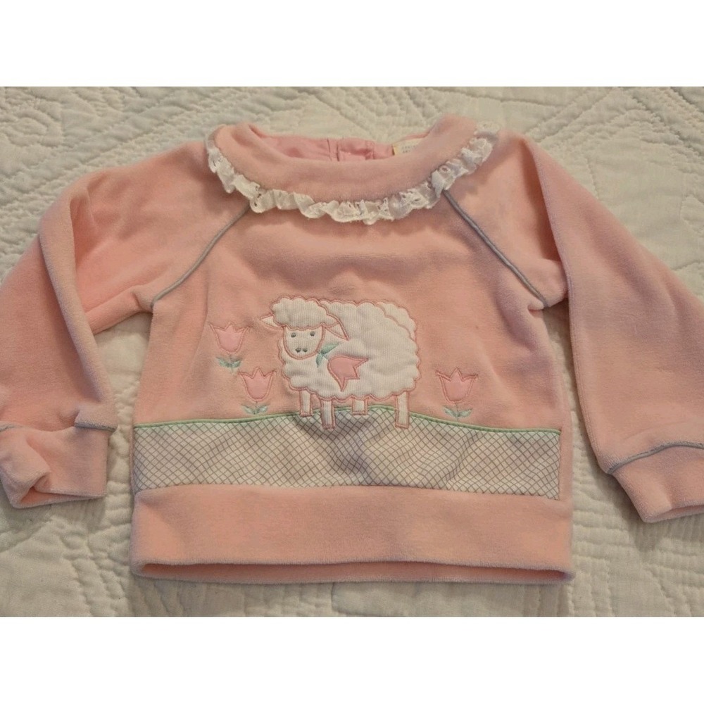 Vintage 80s Velour Pink Sheep Lamb Baby Shirt Top 12 Months Eyelet Ruffle